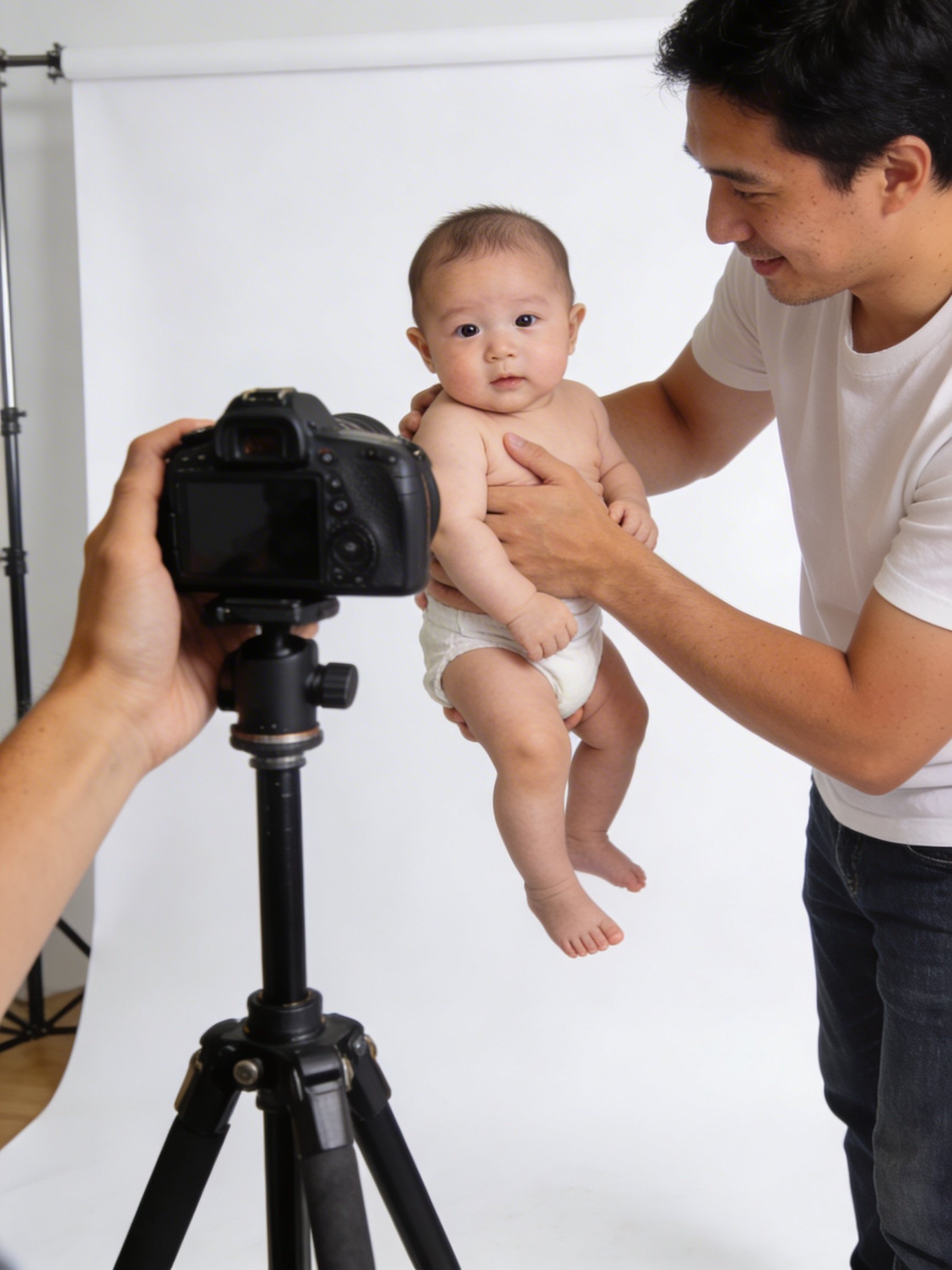 Professioneller Babyfotograf in Österreich nimmt ein biometrisches Passfoto eines Säuglings auf