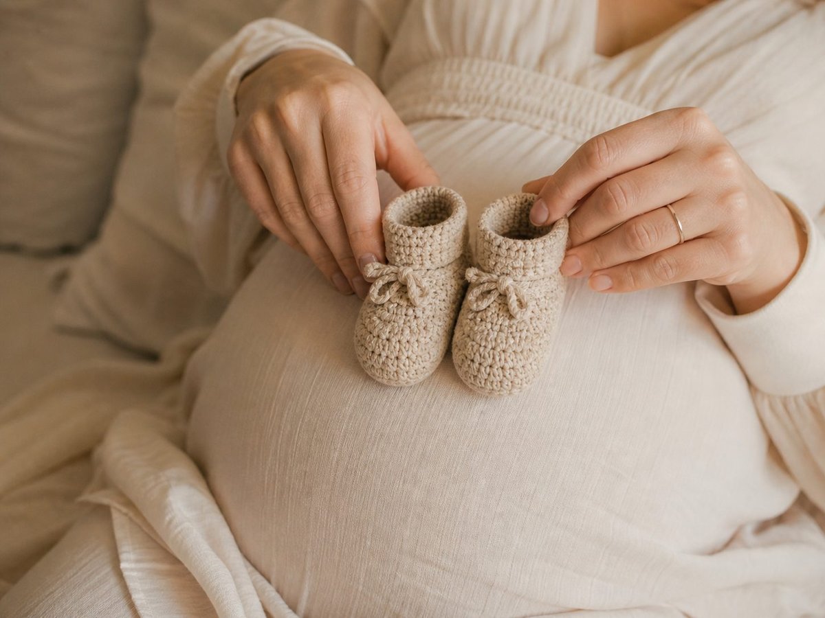 Schwangeres Paar beim Babybauch Shooting in Österreich, beide Hände auf dem Bauch, zärtliche Geste im Gegenlicht