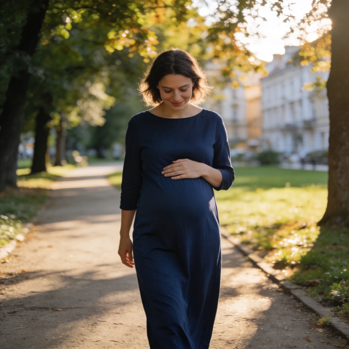 Schwangere Frau in fließendem Kleid in einem österreichischen Stadtpark, goldenes Abendlicht