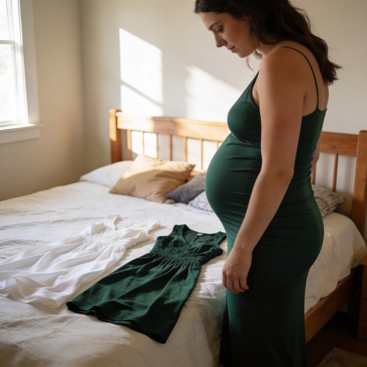 Werdende Mutter legt Outfits und Accessoires für ihr Schwangerschafts-Shooting bereit