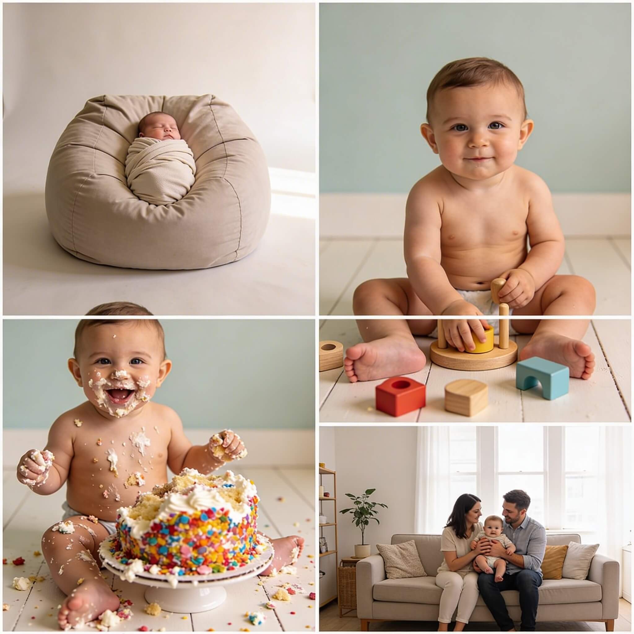 Collage verschiedener Babyfoto-Sessions: Neugeborenen-Posing, sitzendes Baby, Smash the Cake, Familienshooting