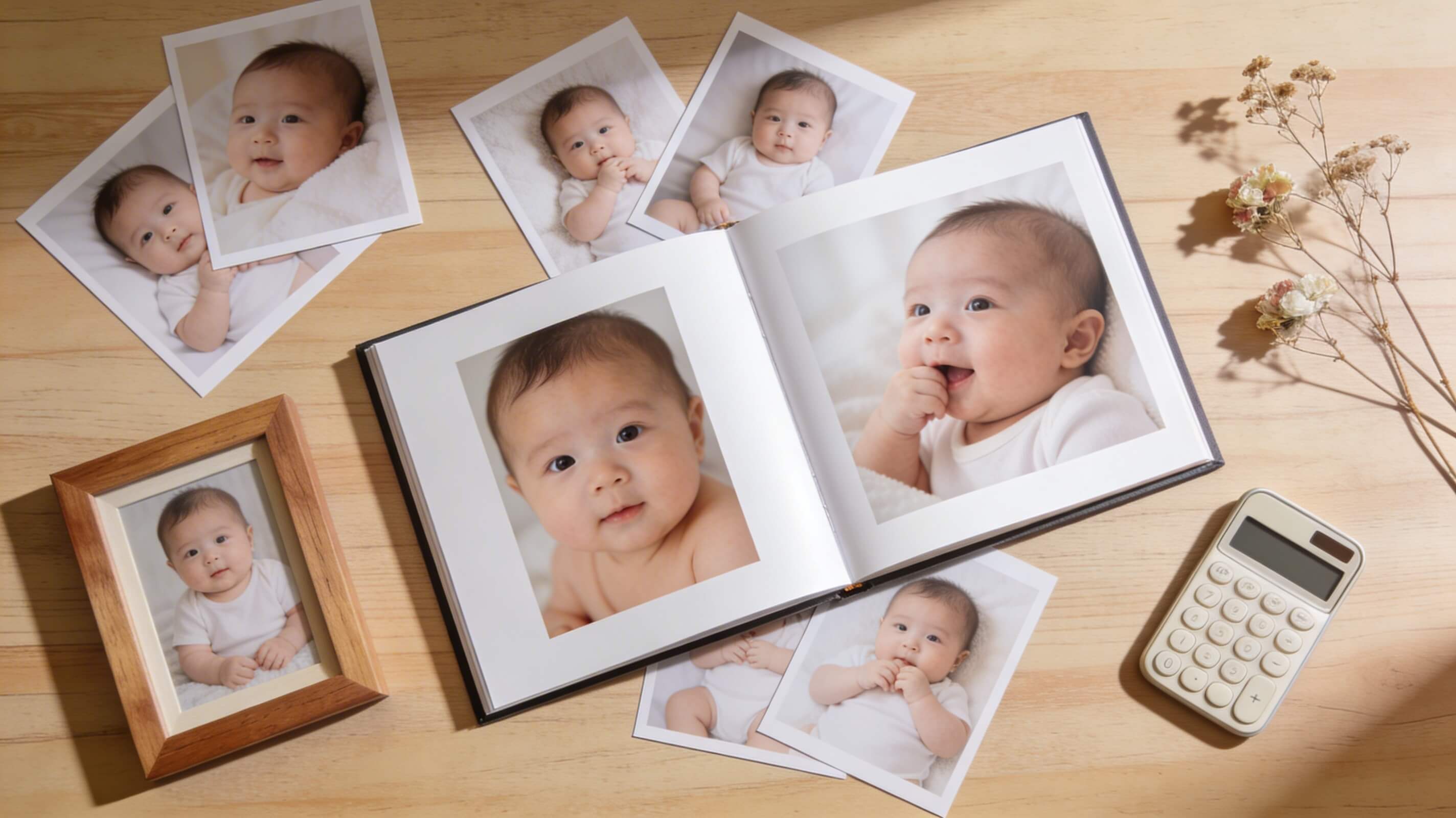 Holztisch mit Babyalbum, Fotoabzügen und Taschenrechner — Budget für Babyfotografie