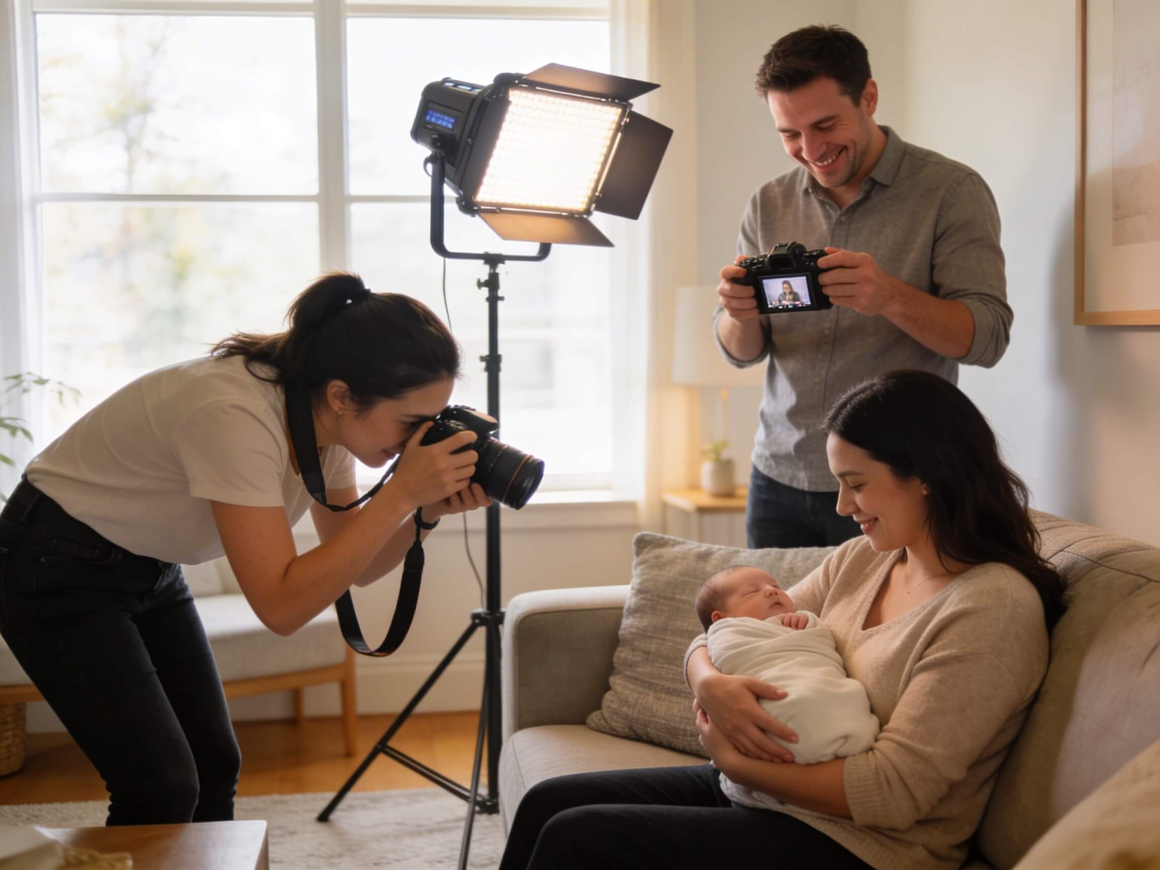 Fotografin bei einer Lifestyle-Neugeborenen-Session zuhause, hält Mutter mit Baby auf dem Sofa fest