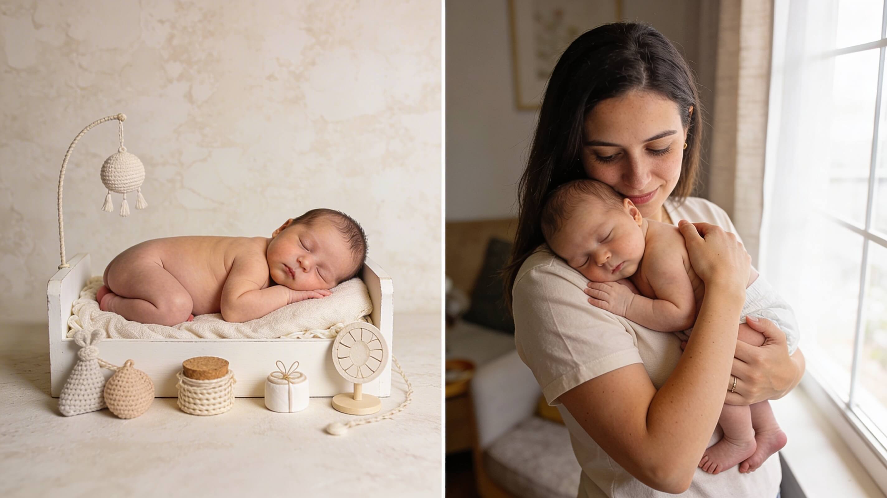 Vergleich: links artistisches Neugeborenen-Posing im Studio, rechts natürliches Lifestyle-Foto einer Mutter mit Baby am Fenster
