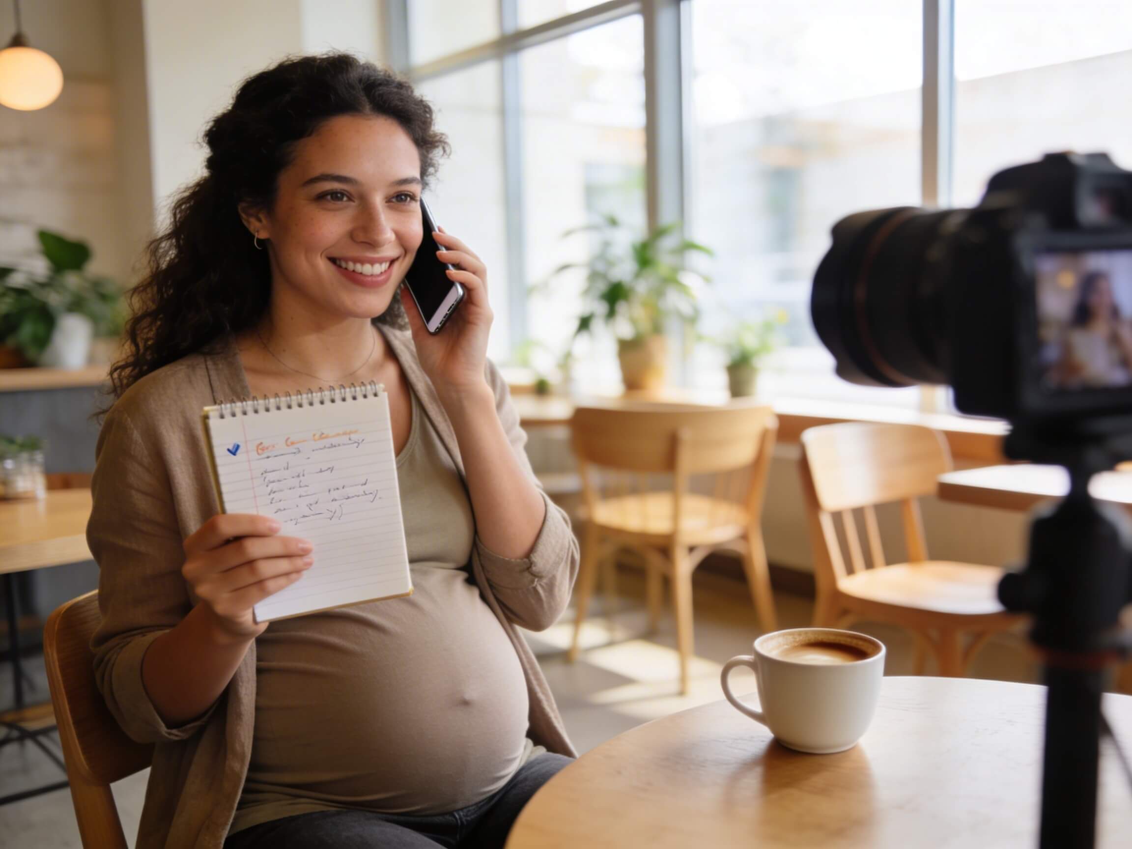 Schwangere Frau telefoniert mit Notizbuch in der Hand, bereitet Fragen für die Buchung eines Babyfotografen vor
