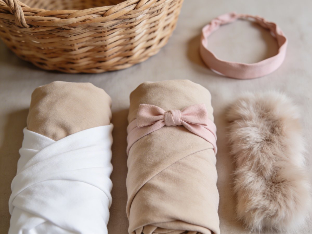 Dezente Requisiten für Babyfotografie: Stretchjersey-Tücher in Beige und Grau, Korbschale und kleines Stirnband