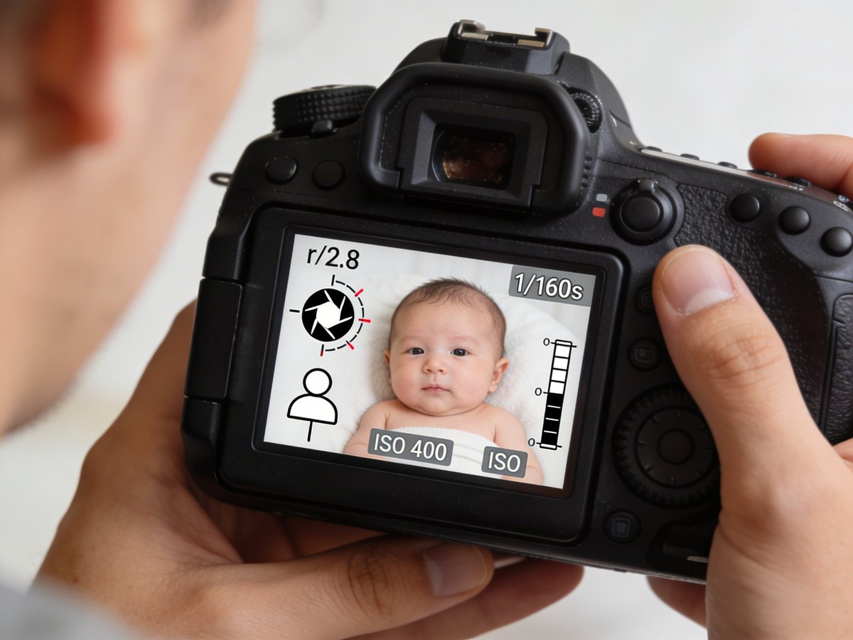 Kameramonitor zeigt Einstellungsmenü mit Blendenpriorität und ISO-Wert für Babyfotografie