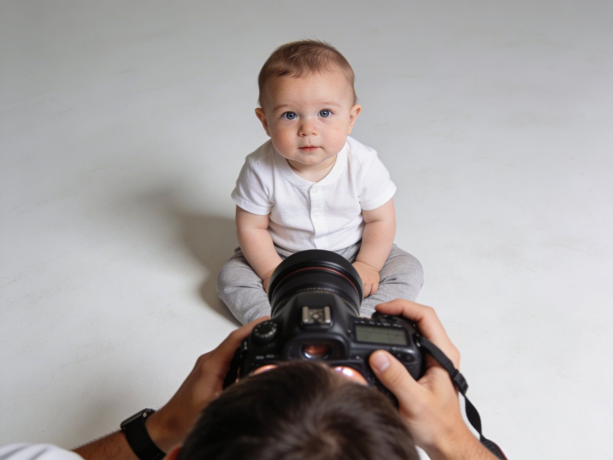 Fotografin liegt auf dem Boden, um auf Augenhöhe des Babys zu fotografieren