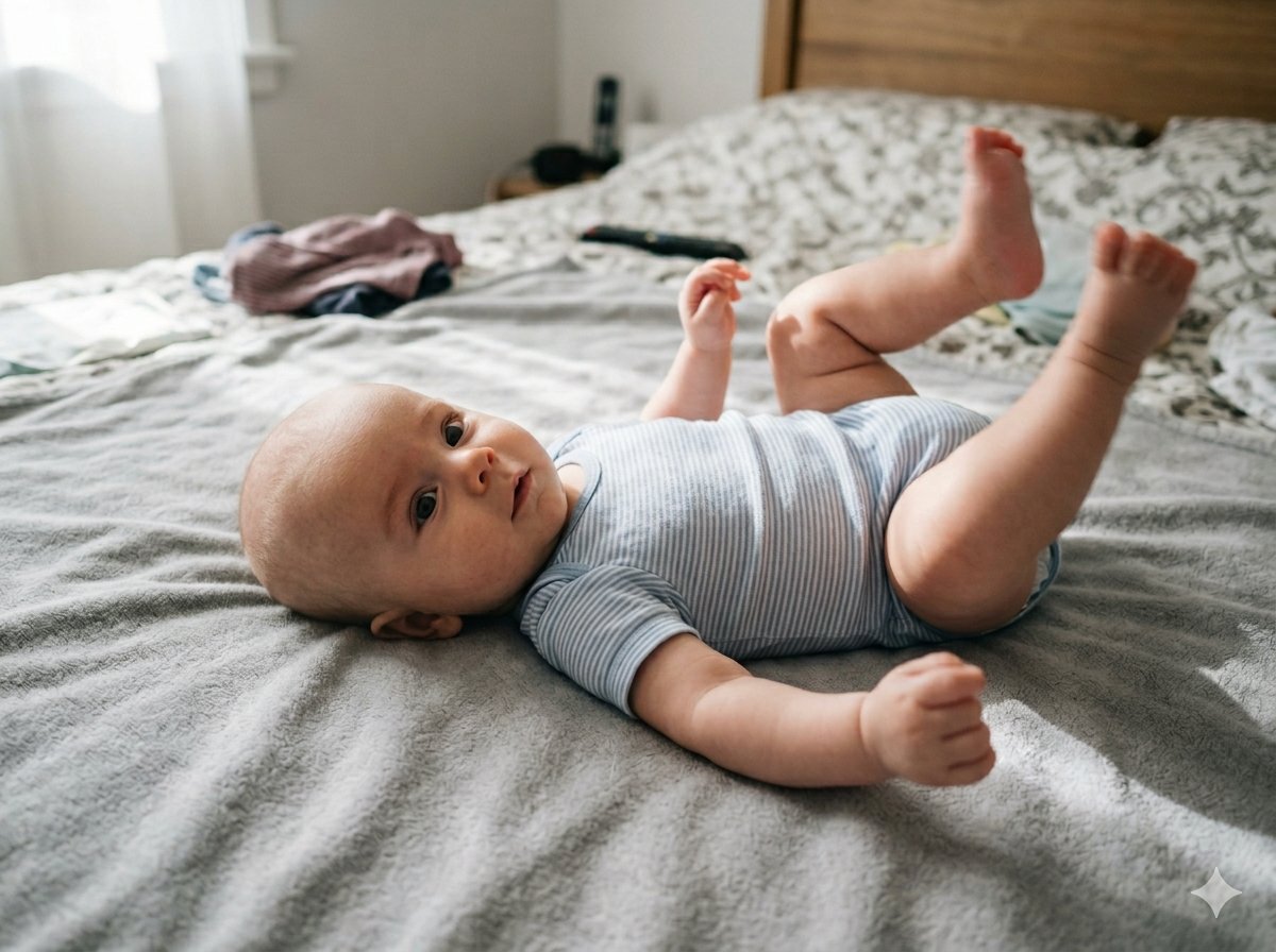 Nahaufnahme eines dreimonatigen Babys mit leuchtendem Blick direkt in die Kamera — echte Emotion, kein Studioeffekt
