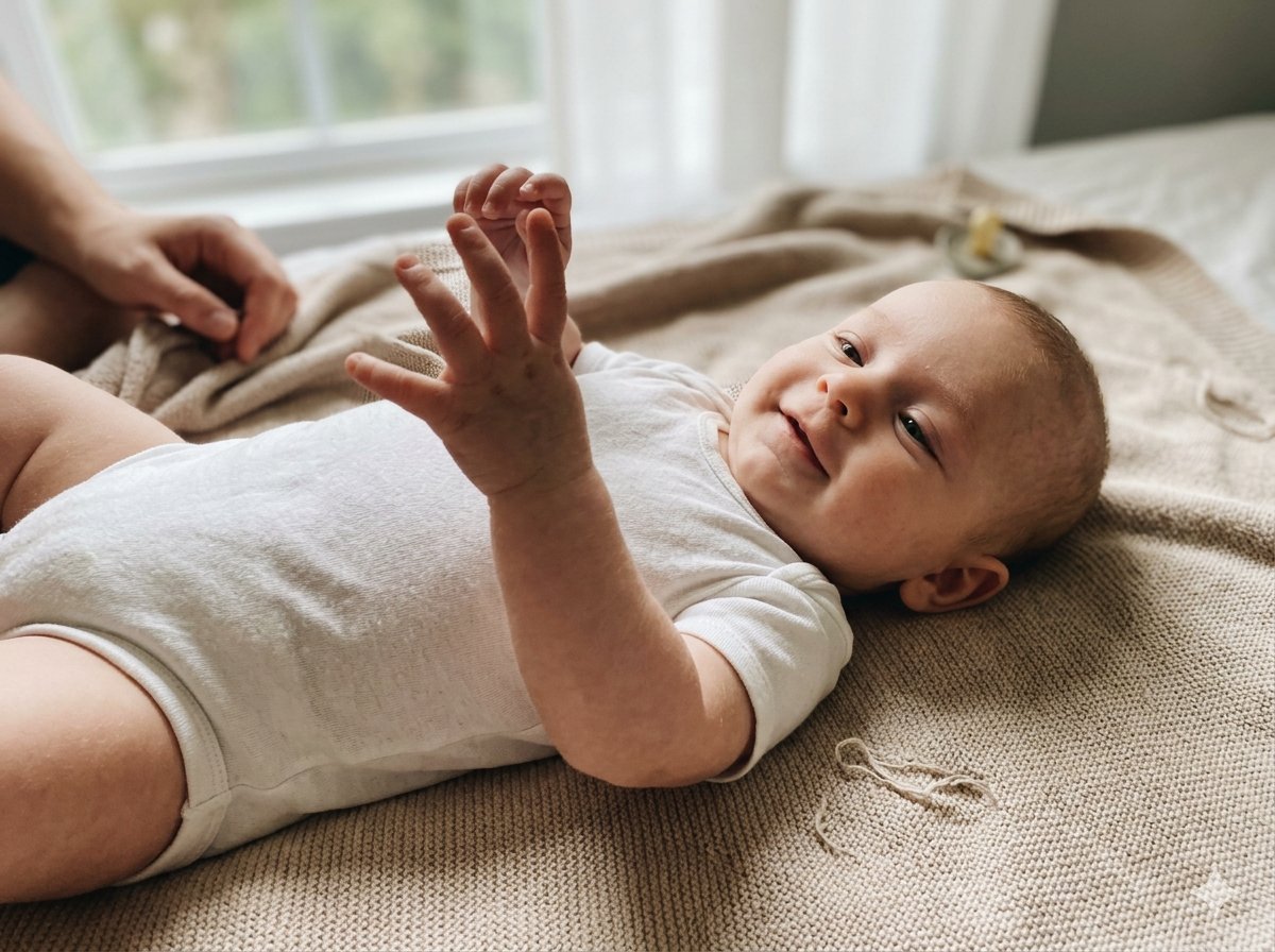 Dreimonatiges Baby lächelt beim Fotoshooting in einem hellen Studio mit weichem, natürlichem Licht