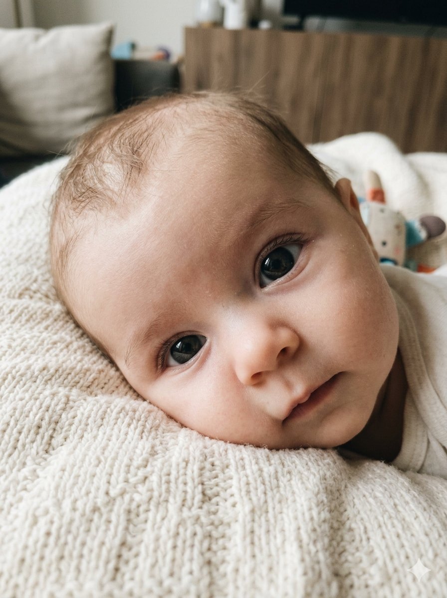 Sorgfältig ausgelegte Baby-Outfits in Weiß und Beige für ein Fotoshooting mit 3 Monaten