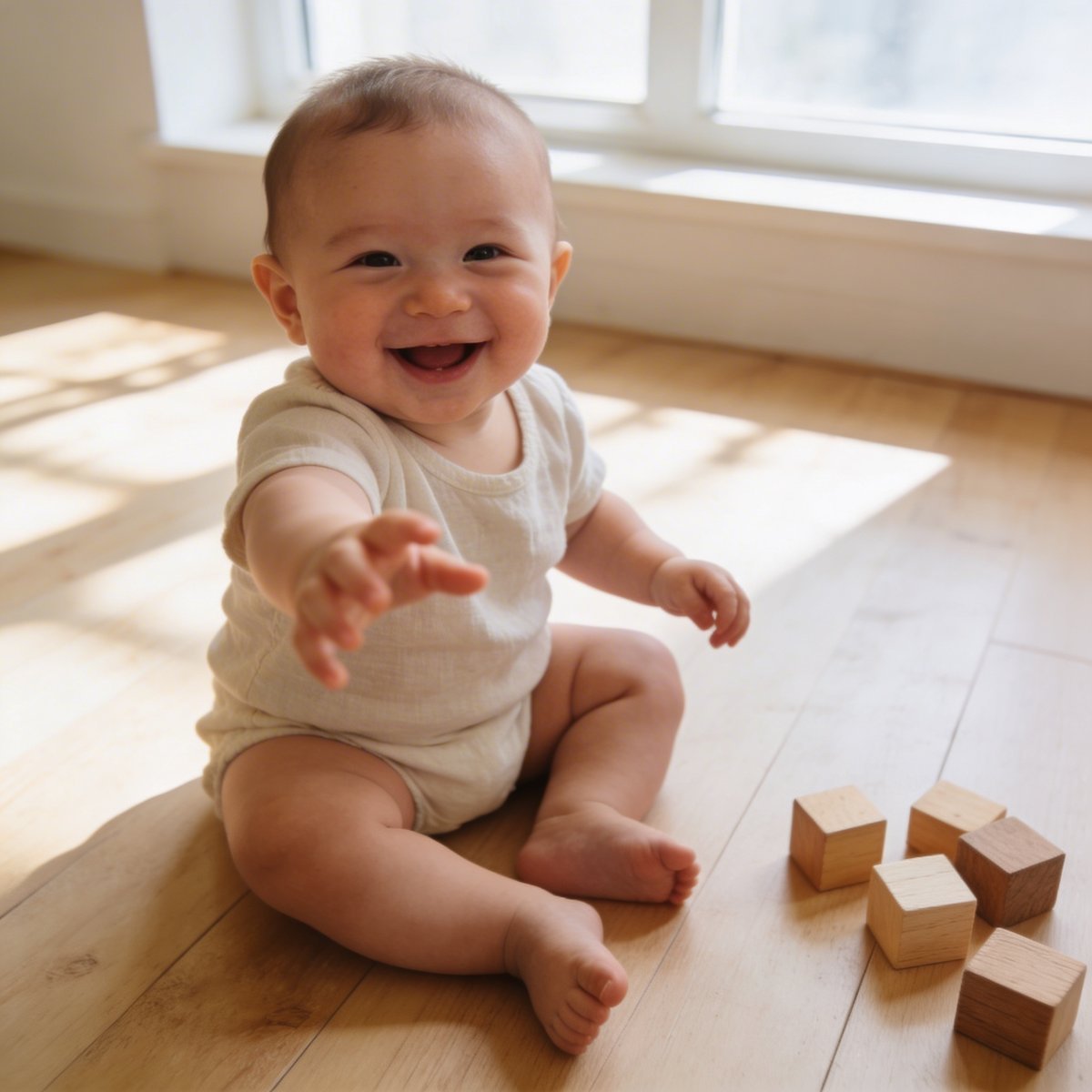 Baby mit 7 Monaten sitzt frei und lacht beim professionellen Babyfotoshooting in Österreich