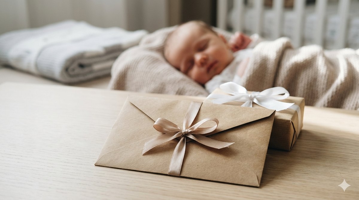 Gutschein für ein Babyfotoshooting als Geburtsgeschenk in Österreich, in einem Umschlag mit persönlicher Karte