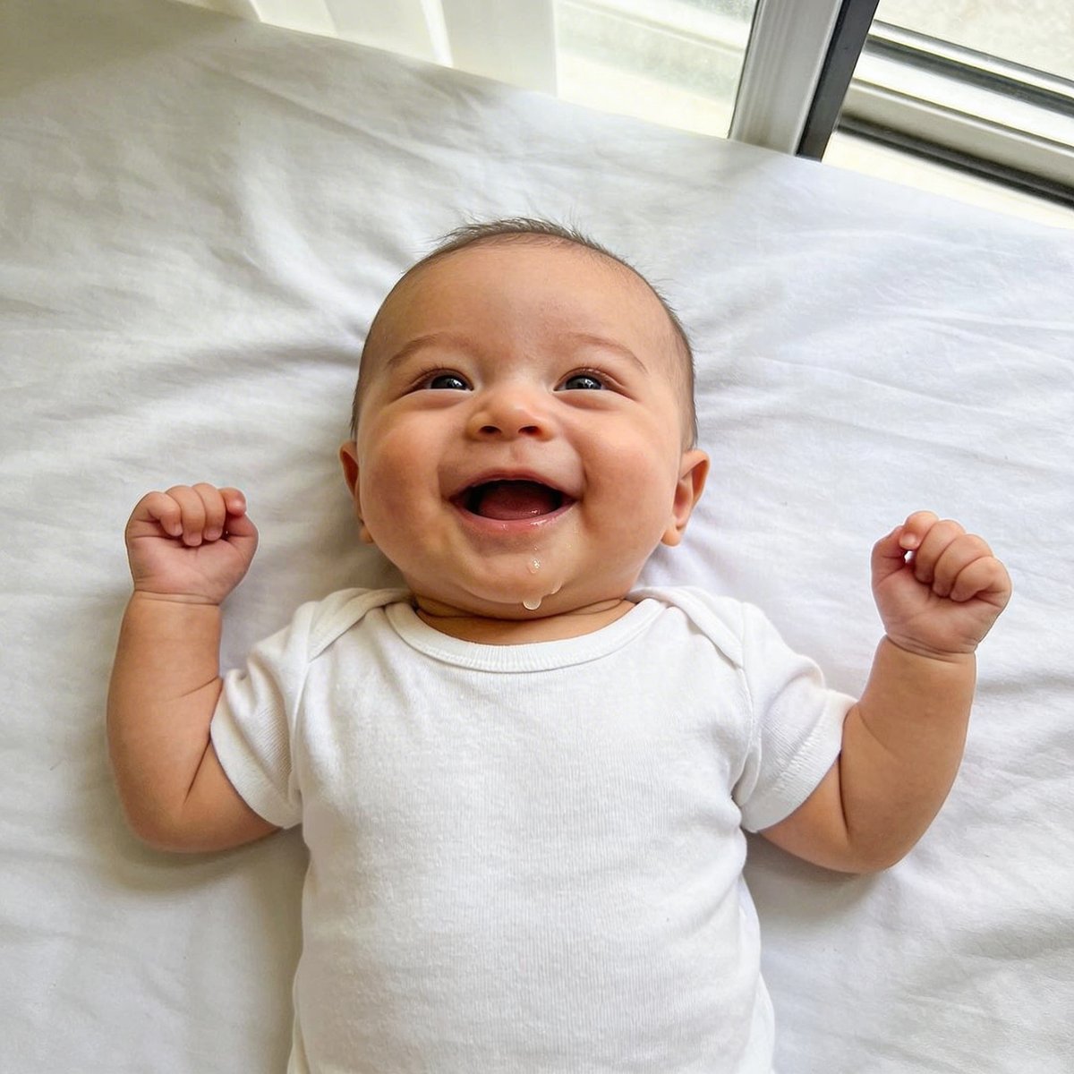 Junges Baby mit etwa einem Monat, weit geöffnete Augen, ruhiger Blick Richtung Kamera