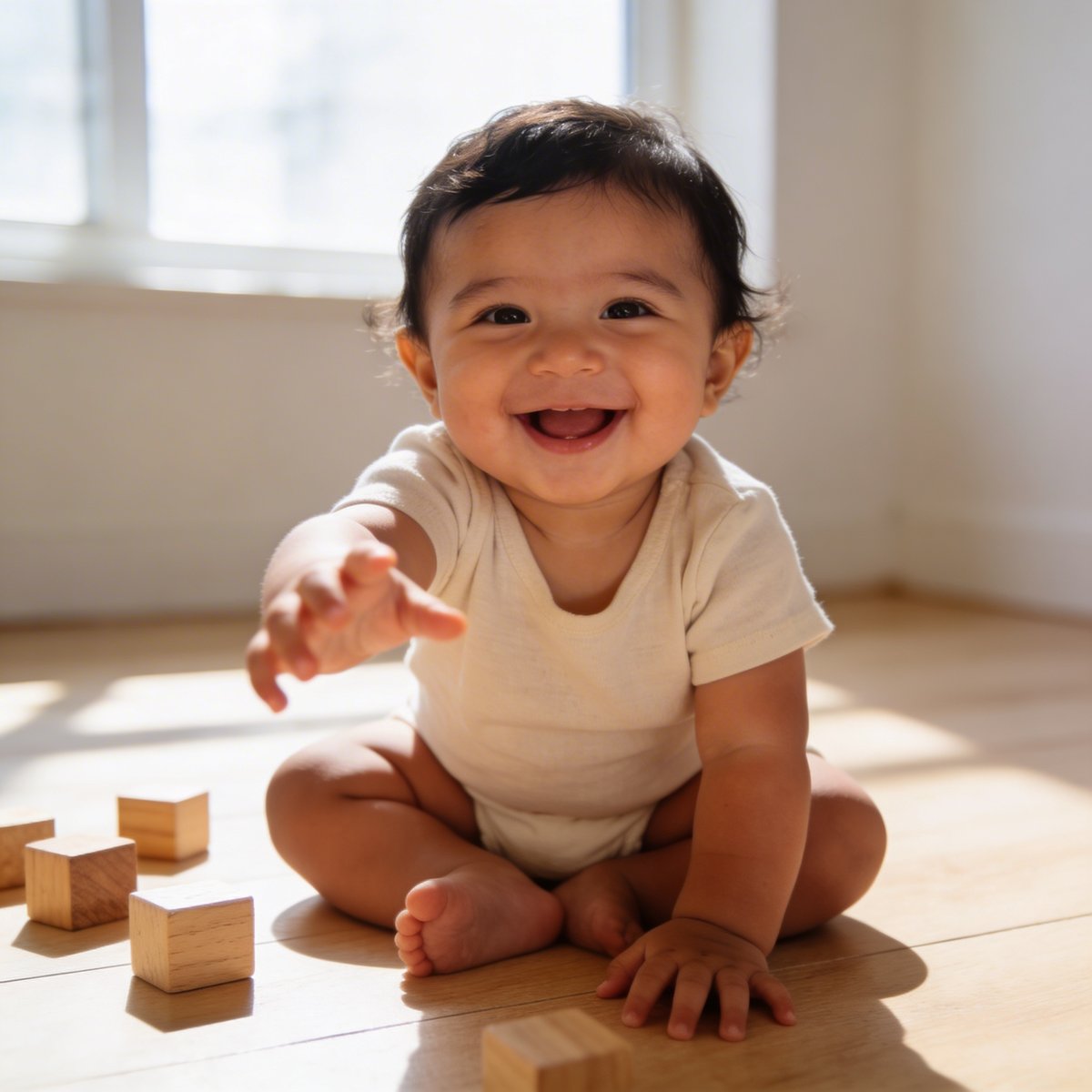 Neugieriges Baby zwischen drei und sechs Monaten, gestützt und aufgeweckt reagierend